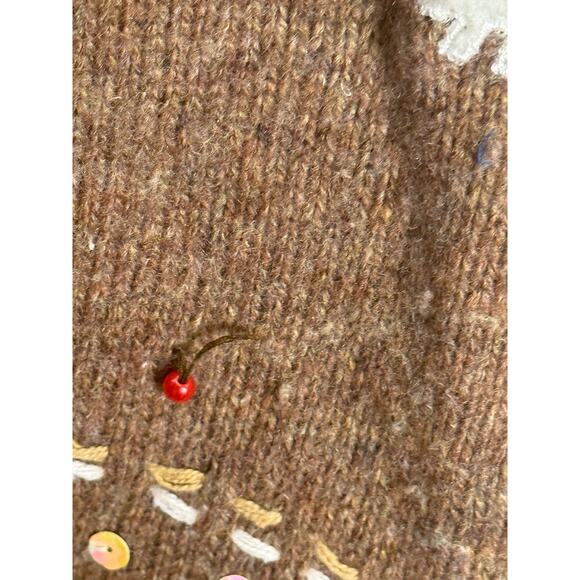 Christmas Sweater Cardigan Brown Wool Blend Plaid Collar Sz L Kikit Cottage Vtg - Picture 5 of 8
